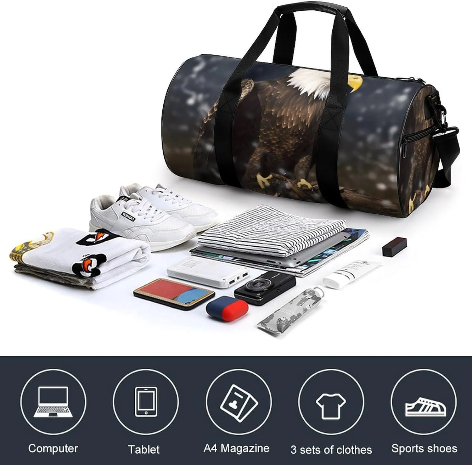 Duffel Bag for Men Women Gym Bag North American Bald Eagle Travel Duffel Bag Waterproof Overnight Bag for Sports Workout