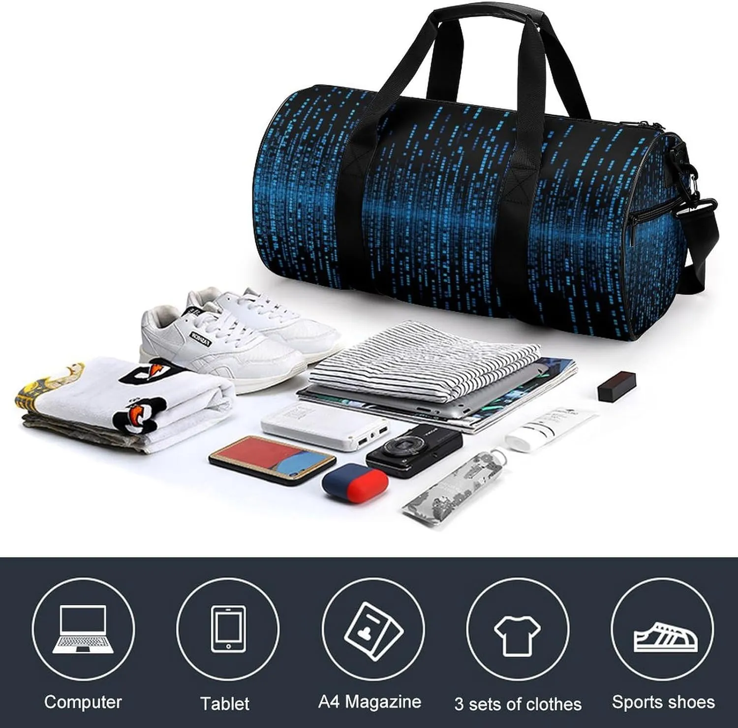 Duffel Bag for Men Women Gym Bag The Blue Binary Matrix Travel Duffel Bag Waterproof Overnight Bag for Sports Workout
