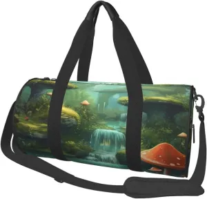Duffel Bag for Men Women Small Gym Bag Mushroom View of Fantasy River Travel Duffel Bag Waterproof Overnight Bag for Sports Workout