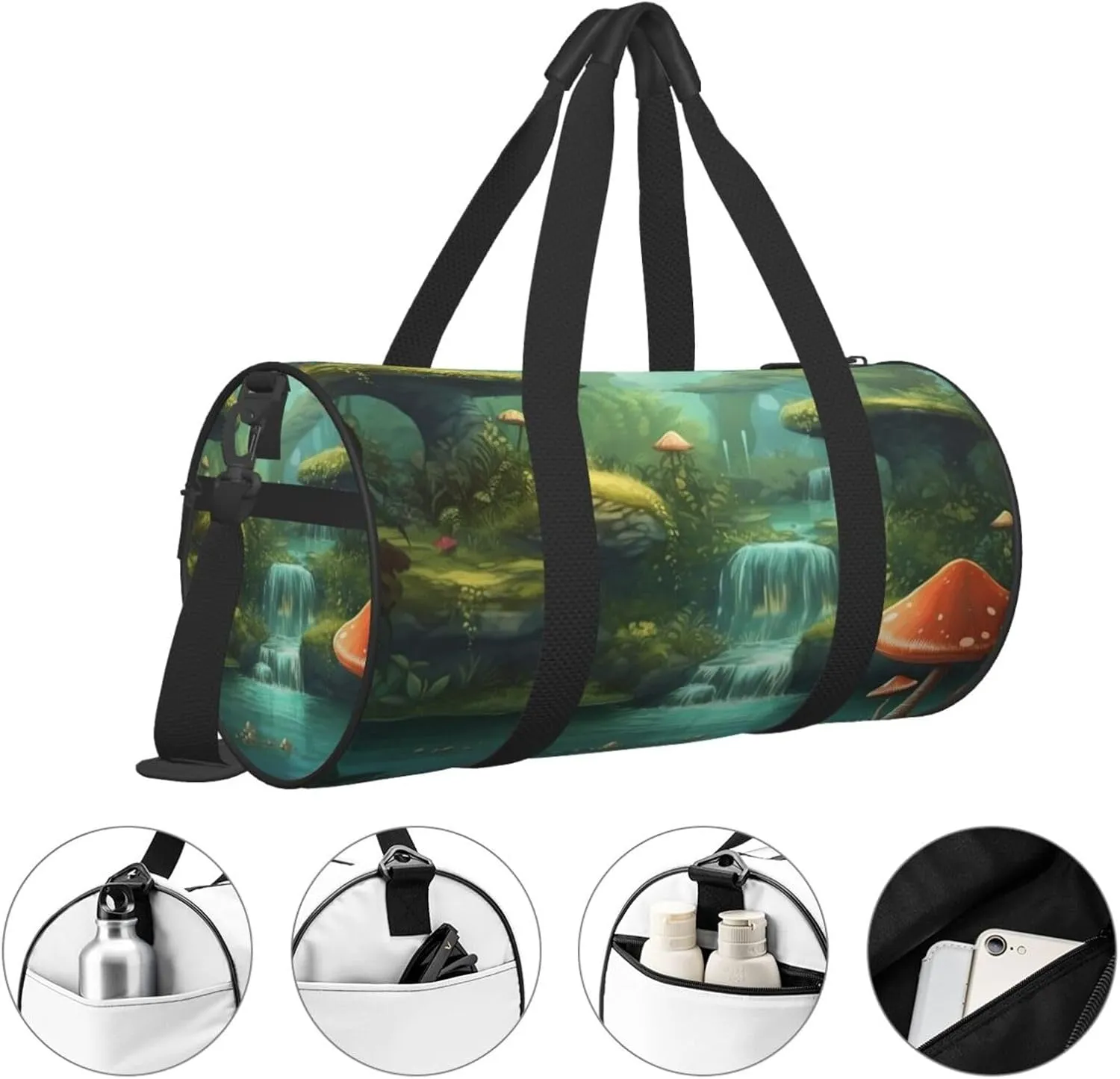 Duffel Bag for Men Women Small Gym Bag Mushroom View of Fantasy River Travel Duffel Bag Waterproof Overnight Bag for Sports Workout