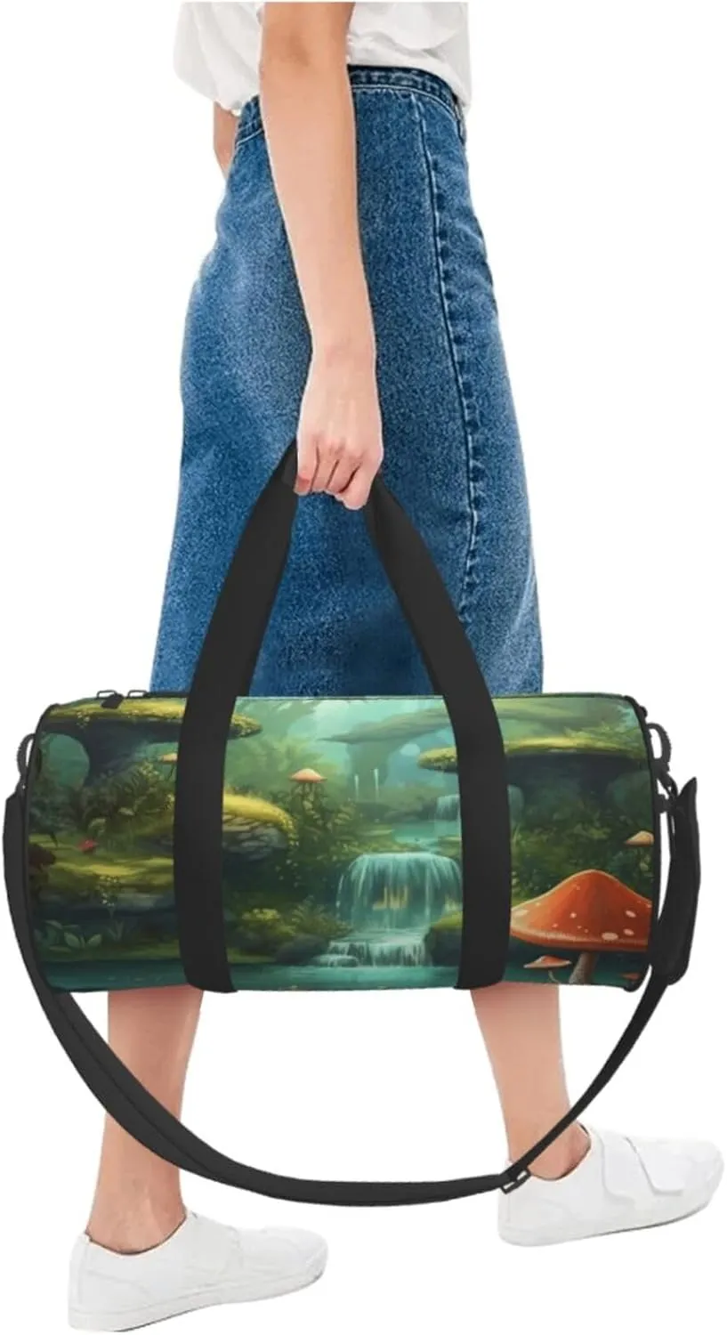 Duffel Bag for Men Women Small Gym Bag Mushroom View of Fantasy River Travel Duffel Bag Waterproof Overnight Bag for Sports Workout