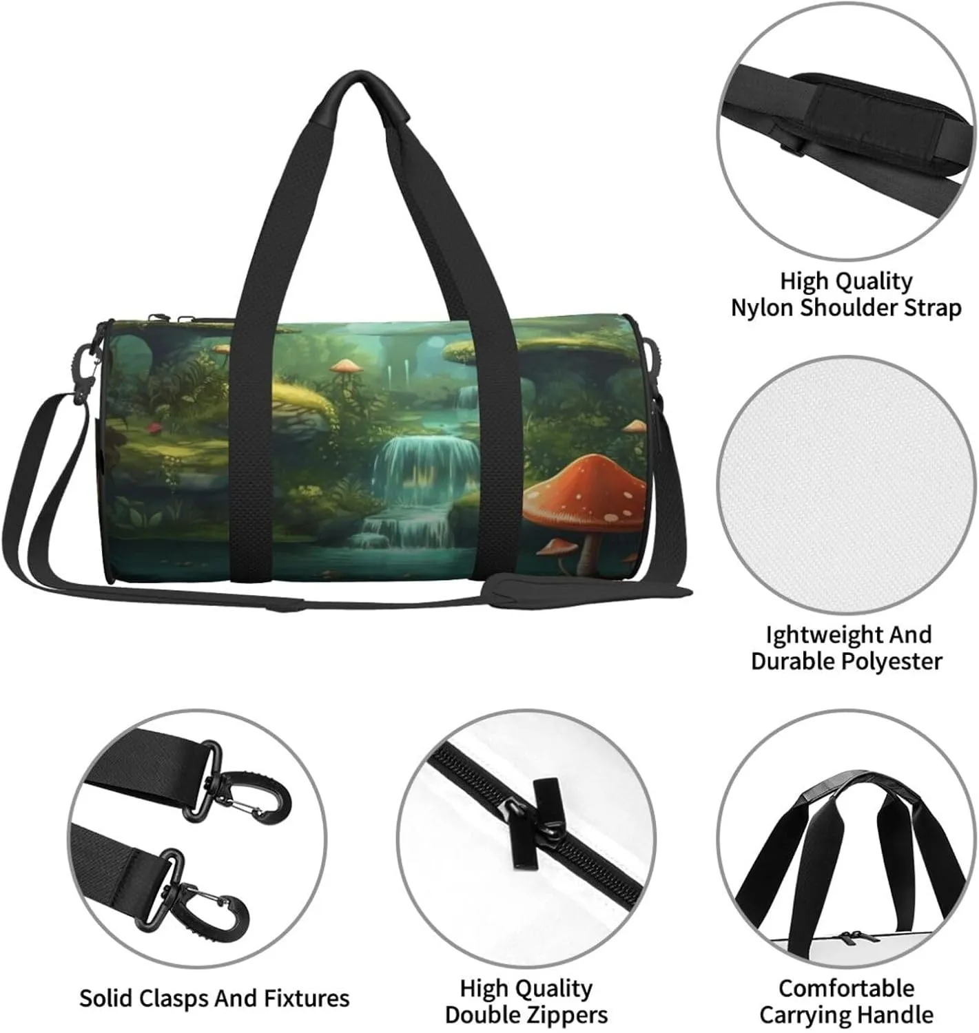 Duffel Bag for Men Women Small Gym Bag Mushroom View of Fantasy River Travel Duffel Bag Waterproof Overnight Bag for Sports Workout