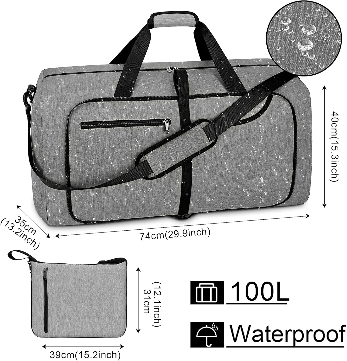 Duffel Bags for Traveling 100L Foldable Gym Overnight Weekender Bag for Men Women Waterproof Carry on Sports Bag with Shoes Compartment, GREY