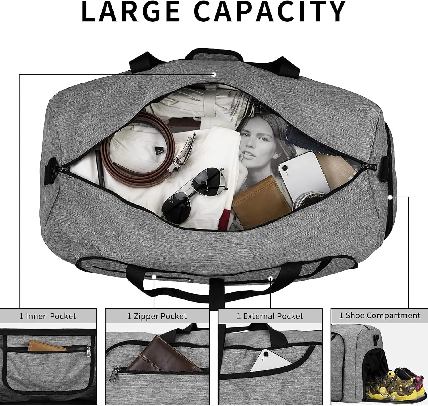 Duffel Bags for Traveling 100L Foldable Gym Overnight Weekender Bag for Men Women Waterproof Carry on Sports Bag with Shoes Compartment, GREY