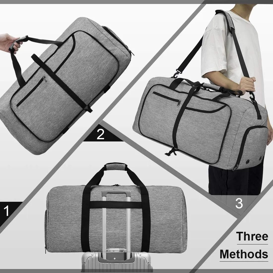 Duffel Bags for Traveling 100L Foldable Gym Overnight Weekender Bag for Men Women Waterproof Carry on Sports Bag with Shoes Compartment, GREY
