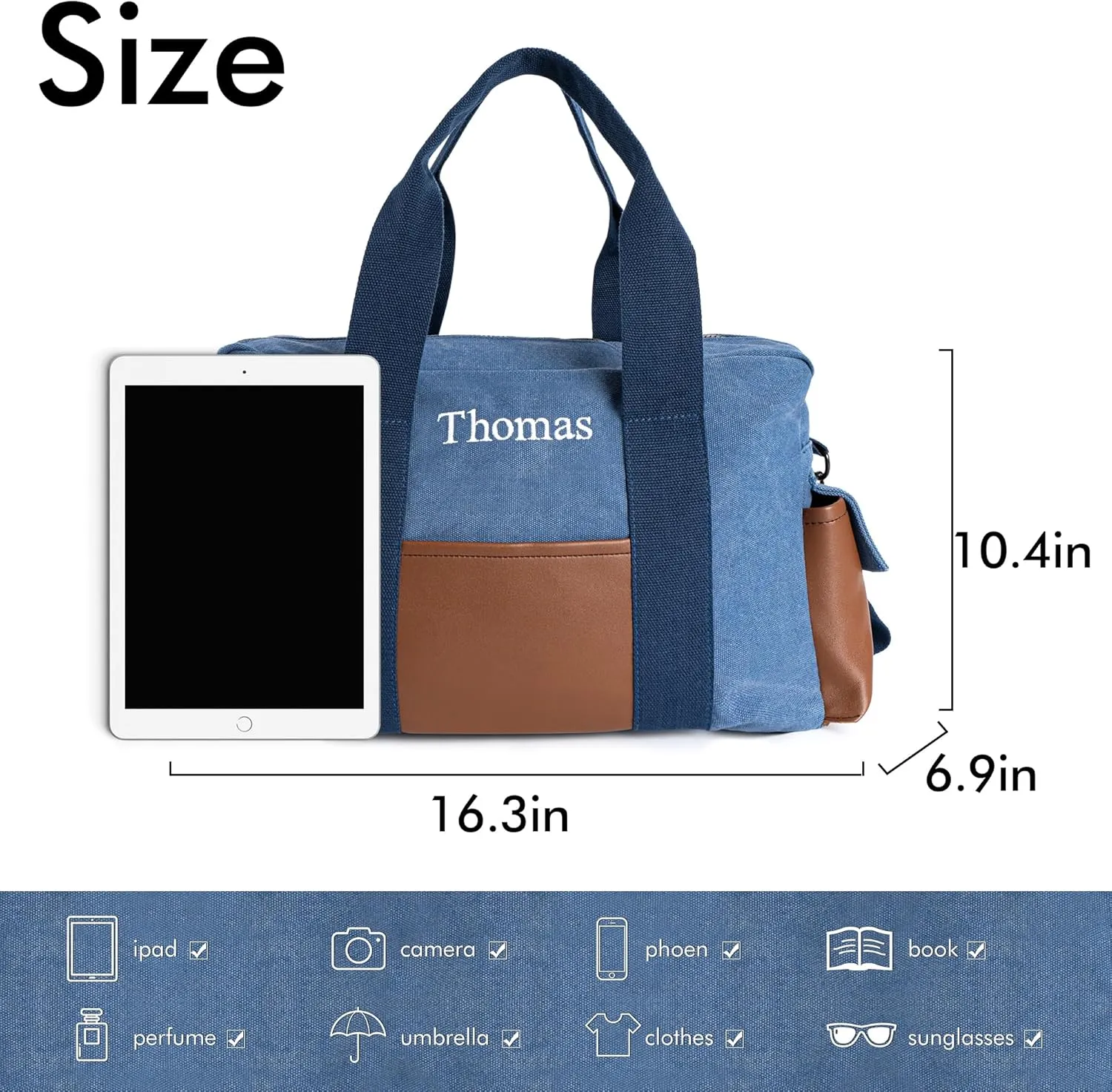 Duffle Bag for Men Personalized Overnight Bags with Name Weekender Bag with Leather Side Pocket Canvas Overnight Travel Bag Custom Groomsmen Gift for Wedding Travel Camping Moving (Blue)