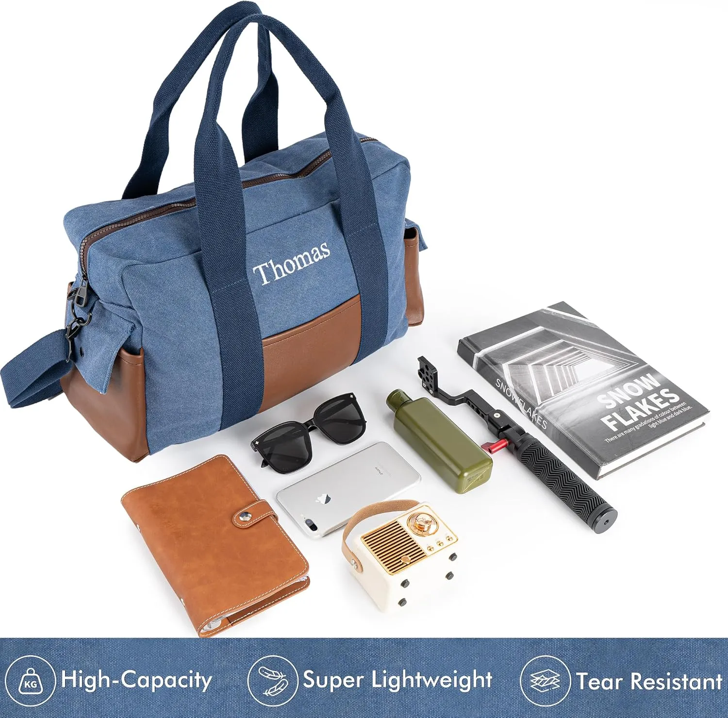 Duffle Bag for Men Personalized Overnight Bags with Name Weekender Bag with Leather Side Pocket Canvas Overnight Travel Bag Custom Groomsmen Gift for Wedding Travel Camping Moving (Blue)