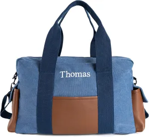 Duffle Bag for Men Personalized Overnight Bags with Name Weekender Bag with Leather Side Pocket Canvas Overnight Travel Bag Custom Groomsmen Gift for Wedding Travel Camping Moving (Blue)