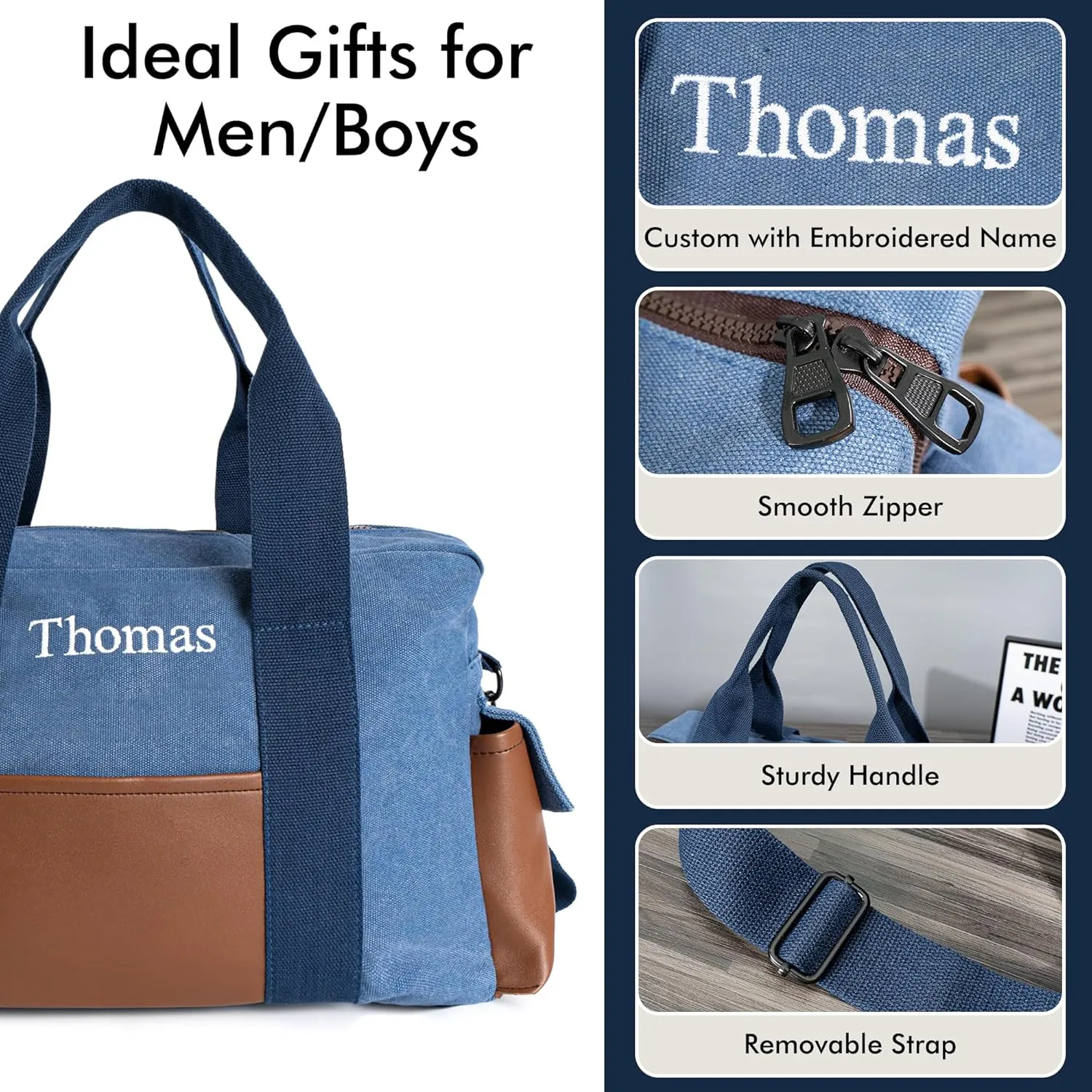Duffle Bag for Men Personalized Overnight Bags with Name Weekender Bag with Leather Side Pocket Canvas Overnight Travel Bag Custom Groomsmen Gift for Wedding Travel Camping Moving (Blue)