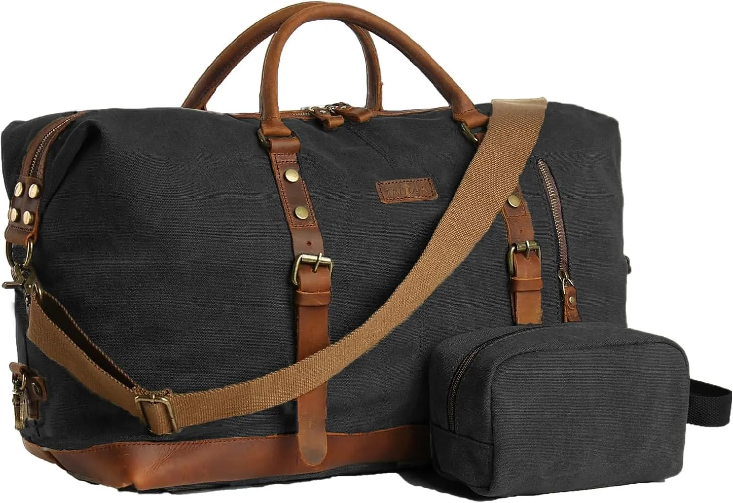 Duffle Bag for Men Travel Leather Canvas Weekender Bag Overnight Bag with Toiletry Bag (Black)