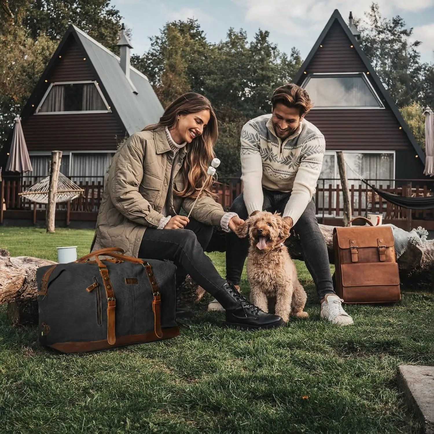 Duffle Bag for Men Travel Leather Canvas Weekender Bag Overnight Bag with Toiletry Bag (Black)