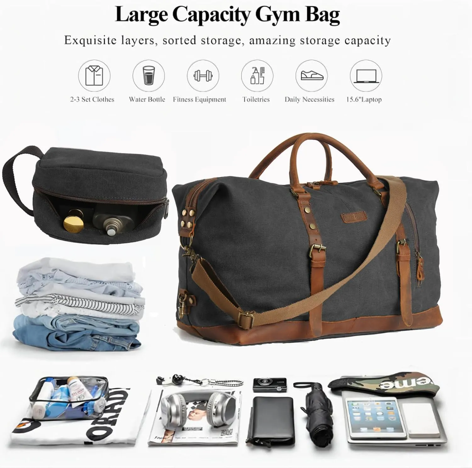 Duffle Bag for Men Travel Leather Canvas Weekender Bag Overnight Bag with Toiletry Bag (Black)