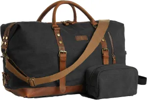 Duffle Bag for Men Travel Leather Canvas Weekender Bag Overnight Bag with Toiletry Bag (Black)