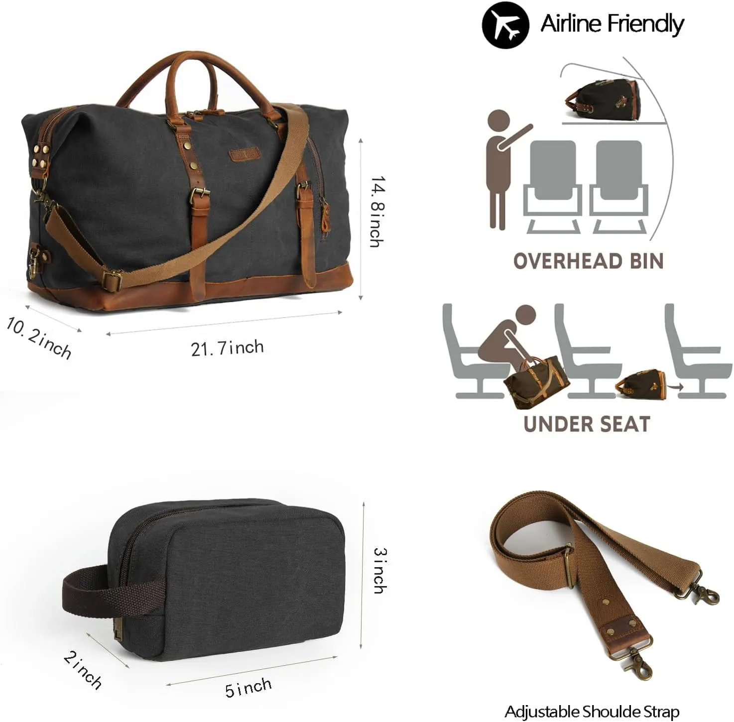 Duffle Bag for Men Travel Leather Canvas Weekender Bag Overnight Bag with Toiletry Bag (Black)