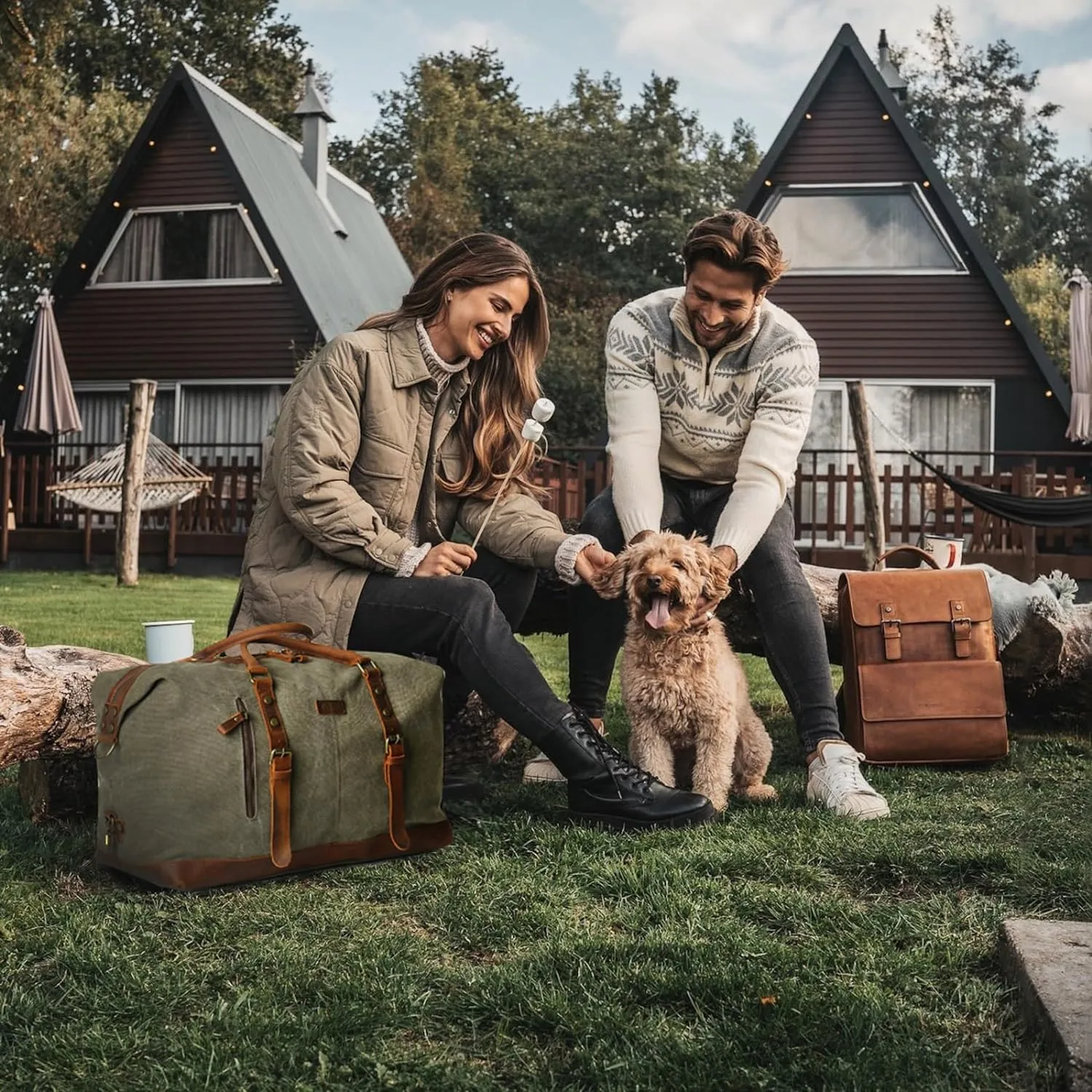 Duffle Bag for Men Travel Leather Canvas Weekender Bag Overnight Bag with Toiletry Bag