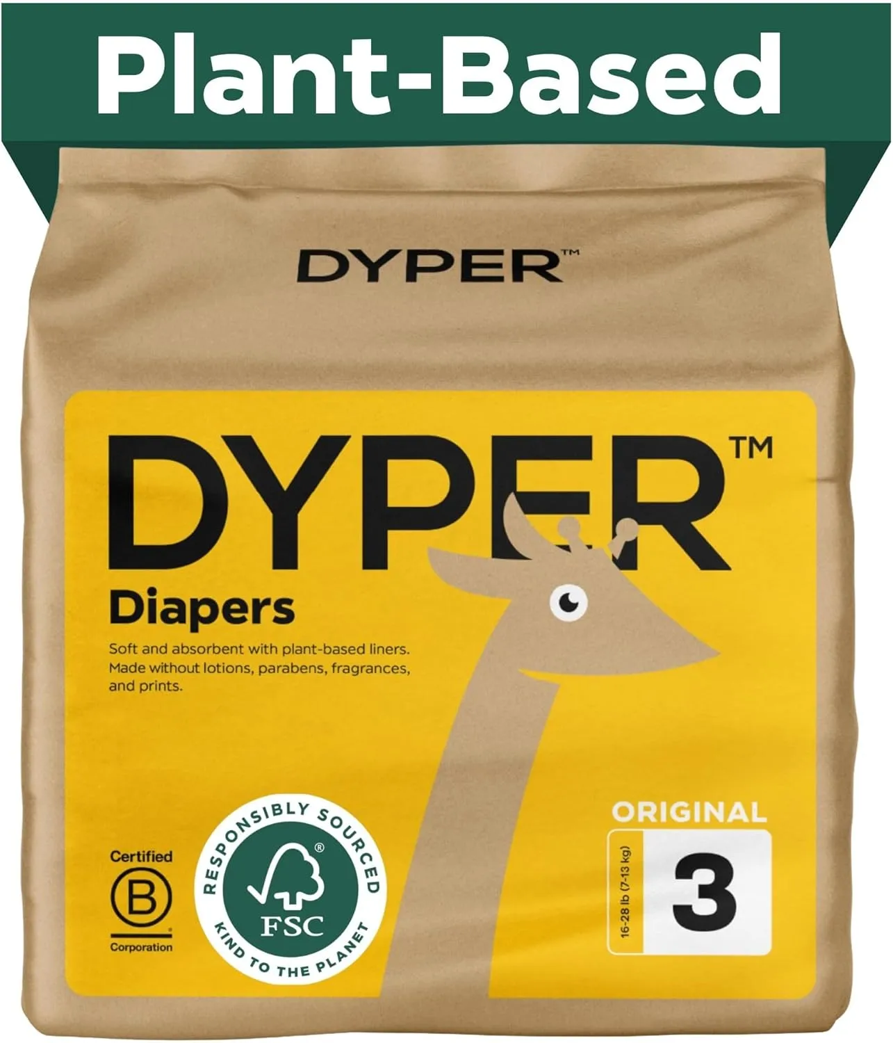 DYPER - Baby Diapers Hypoallergenic Cloth Alternative Day & Overnight Protection - Made with Plant-Based* & Honest Ingredients - Size 3 (28 Count)