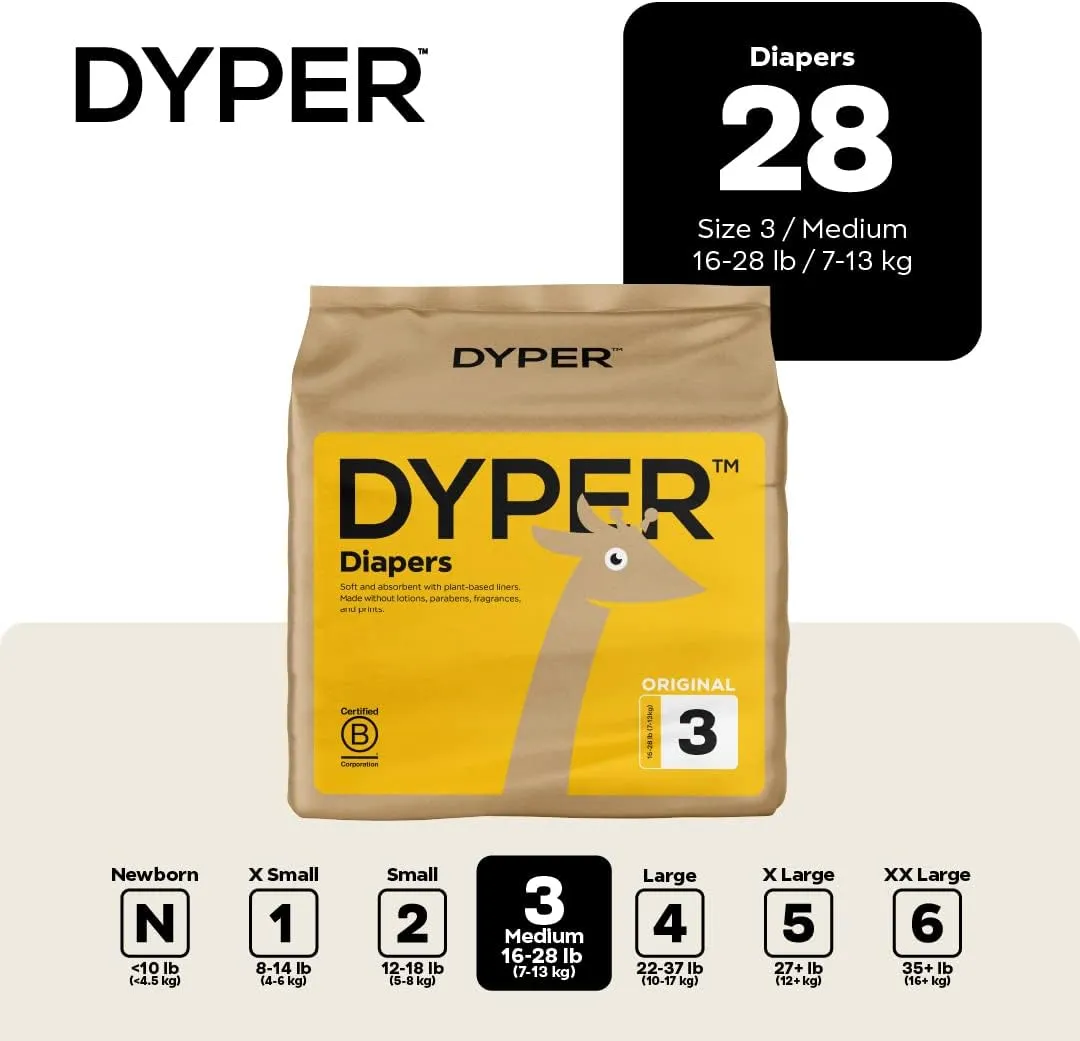 DYPER - Baby Diapers Hypoallergenic Cloth Alternative Day & Overnight Protection - Made with Plant-Based* & Honest Ingredients - Size 3 (28 Count)
