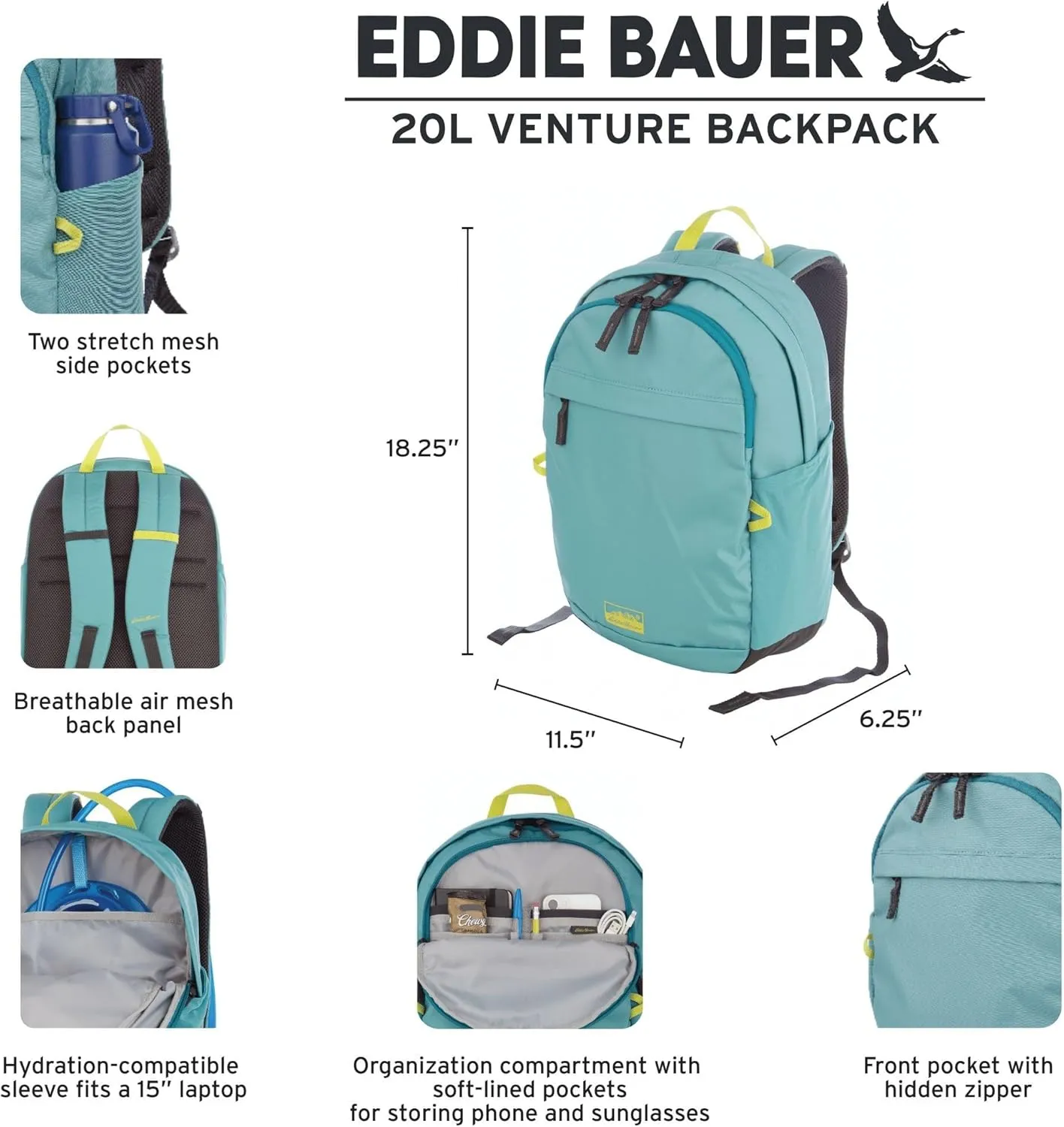 Eddie Bauer Venture Backpack with Organization Compartments and Hydration/Laptop Compatible Sleeve, Redwood/Antique Gold, 20L