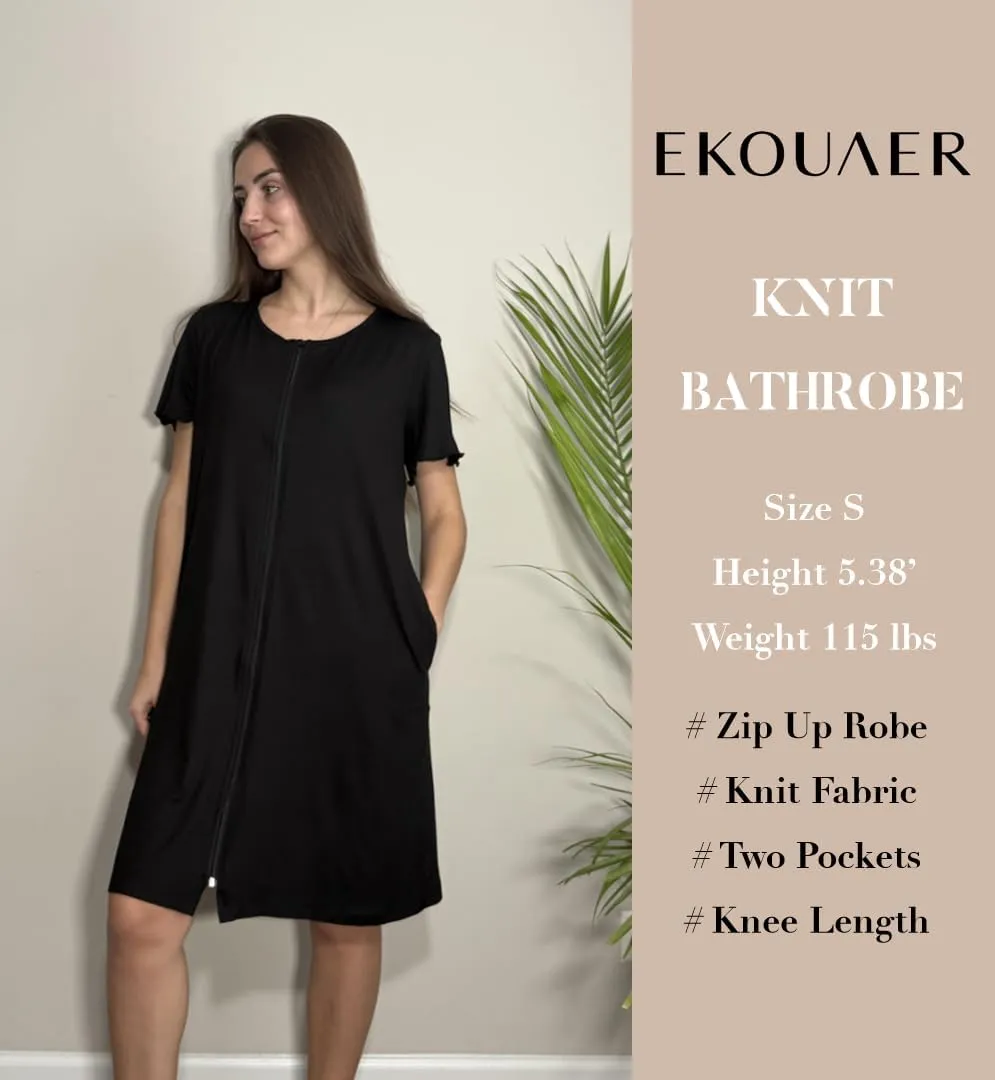 Ekouaer Womens' Zipper Robe Short Sleeve Bathrobes Summer Sleepwear Soft Housecoat with Pockets Zip Up House Robes S-3XL
