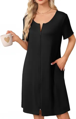 Ekouaer Womens' Zipper Robe Short Sleeve Bathrobes Summer Sleepwear Soft Housecoat with Pockets Zip Up House Robes S-3XL
