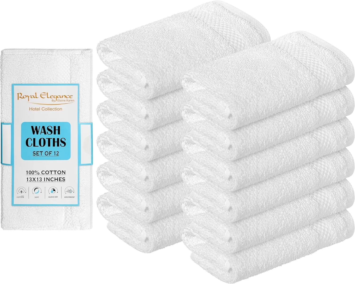 Elaine Karen White Wash Cloths for Your Face - 12 Pack Premium Cotton Washcloths - Hotel & Spa Bathroom Face Towels - 13x13 Face-Cloth