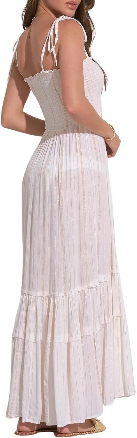 ELAN Women's Tie-Strap Smocked Bodice Cover-Up Maxi Dress