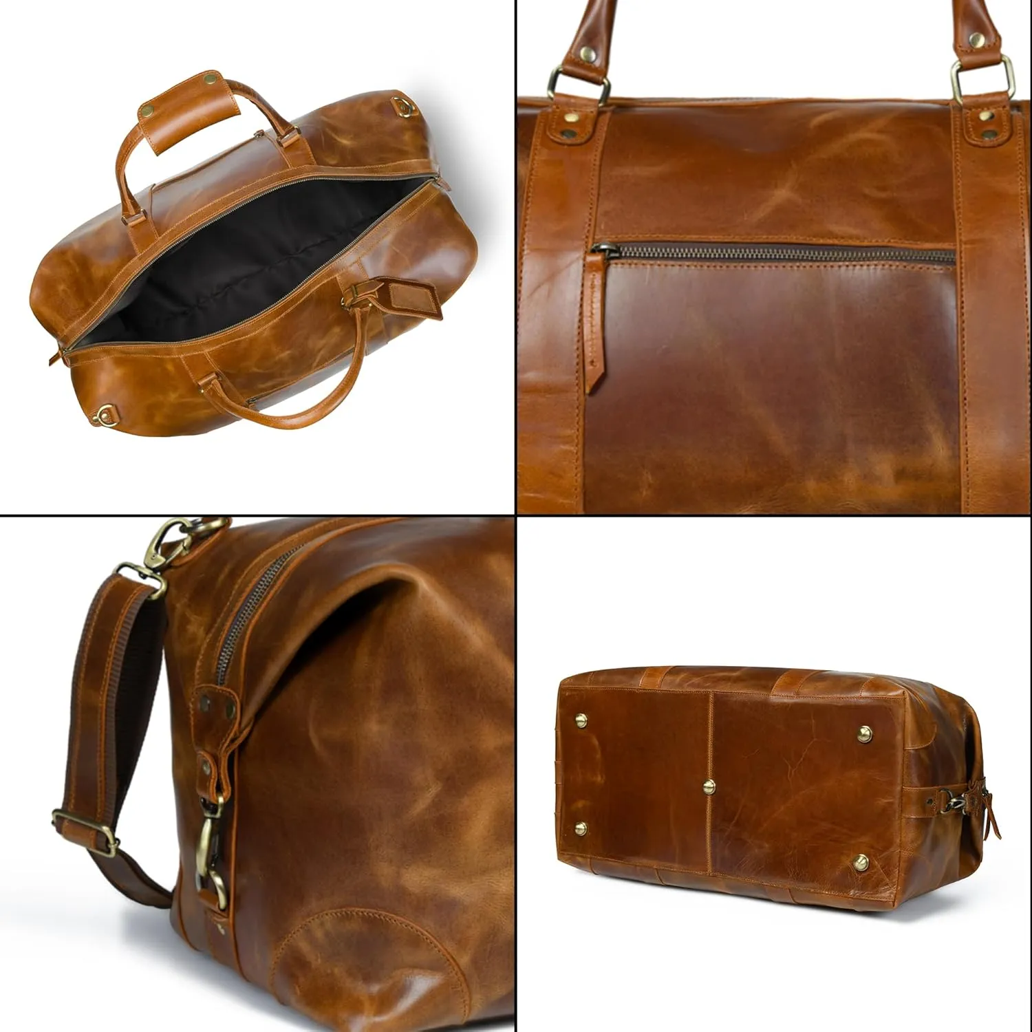 ELIZO Large Leather Duffle Bag For Men Women Big REAL FULL GRAIN Travel Overnight Weekender Carry On Luggage Sports Gym Bags (Antique 24 Inch) Heritage