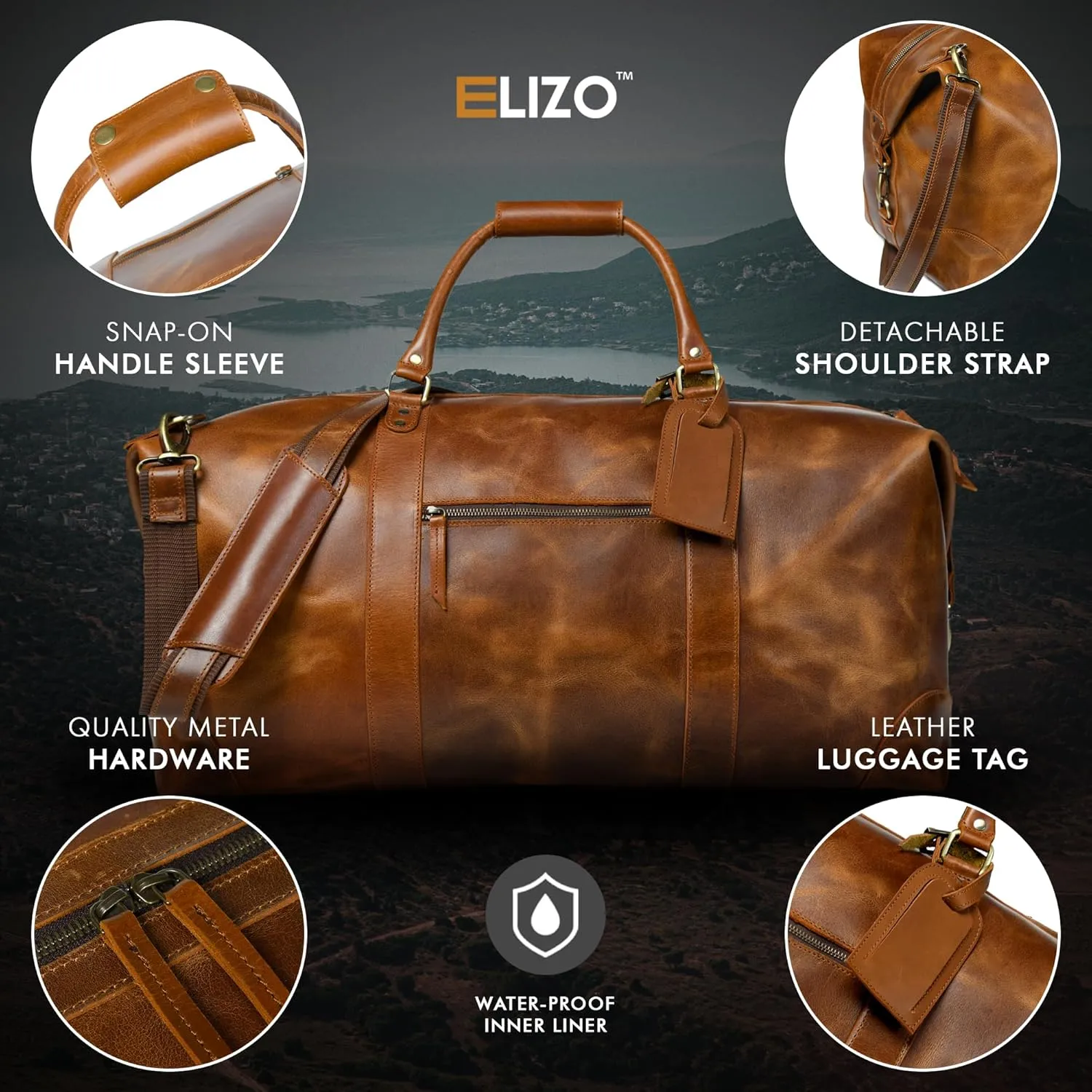 ELIZO Large Leather Duffle Bag For Men Women Big REAL FULL GRAIN Travel Overnight Weekender Carry On Luggage Sports Gym Bags (Antique 24 Inch) Heritage