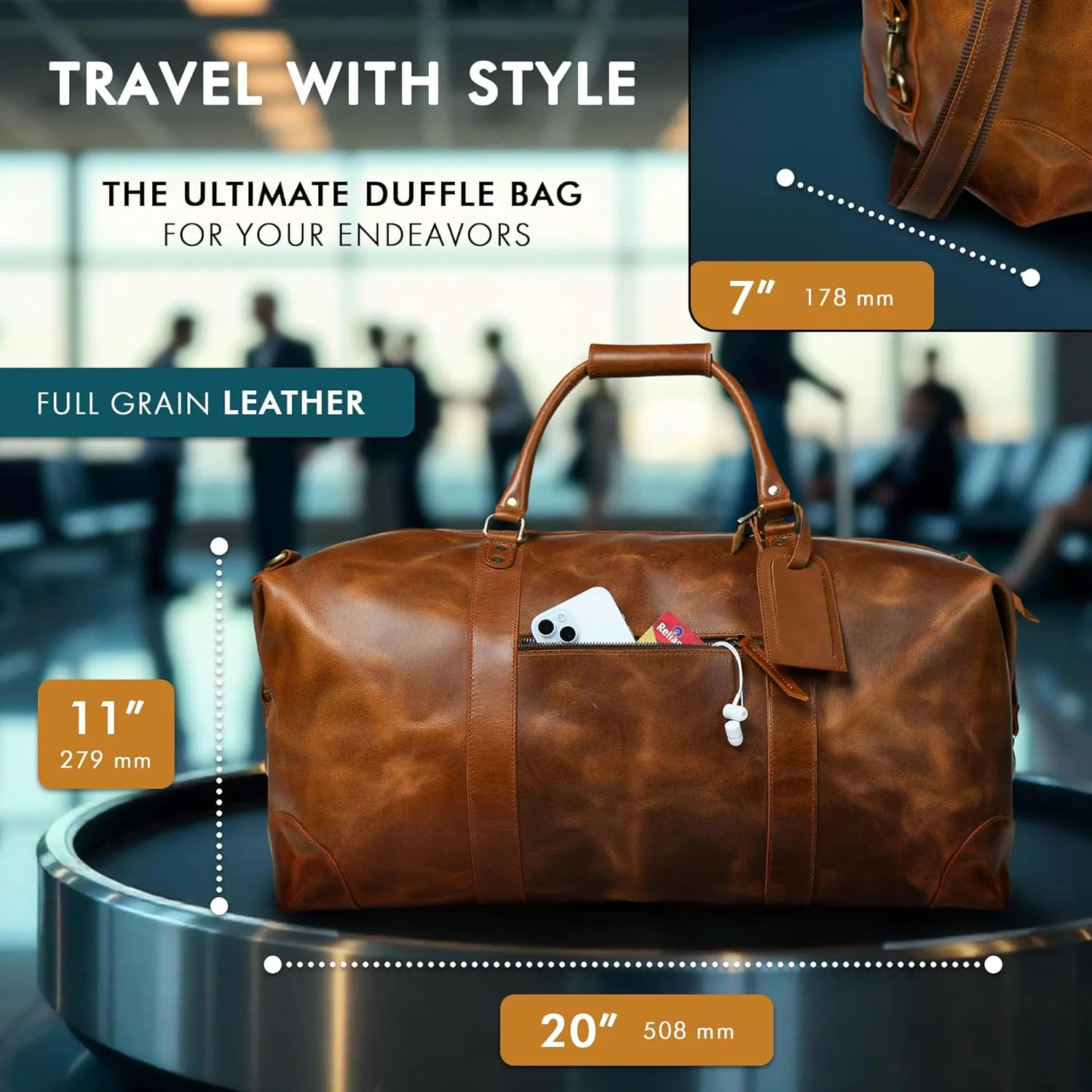 ELIZO Large Leather Duffle Bag For Men Women Big REAL FULL GRAIN Travel Overnight Weekender Carry On Luggage Sports Gym Bags (Antique 24 Inch) Heritage