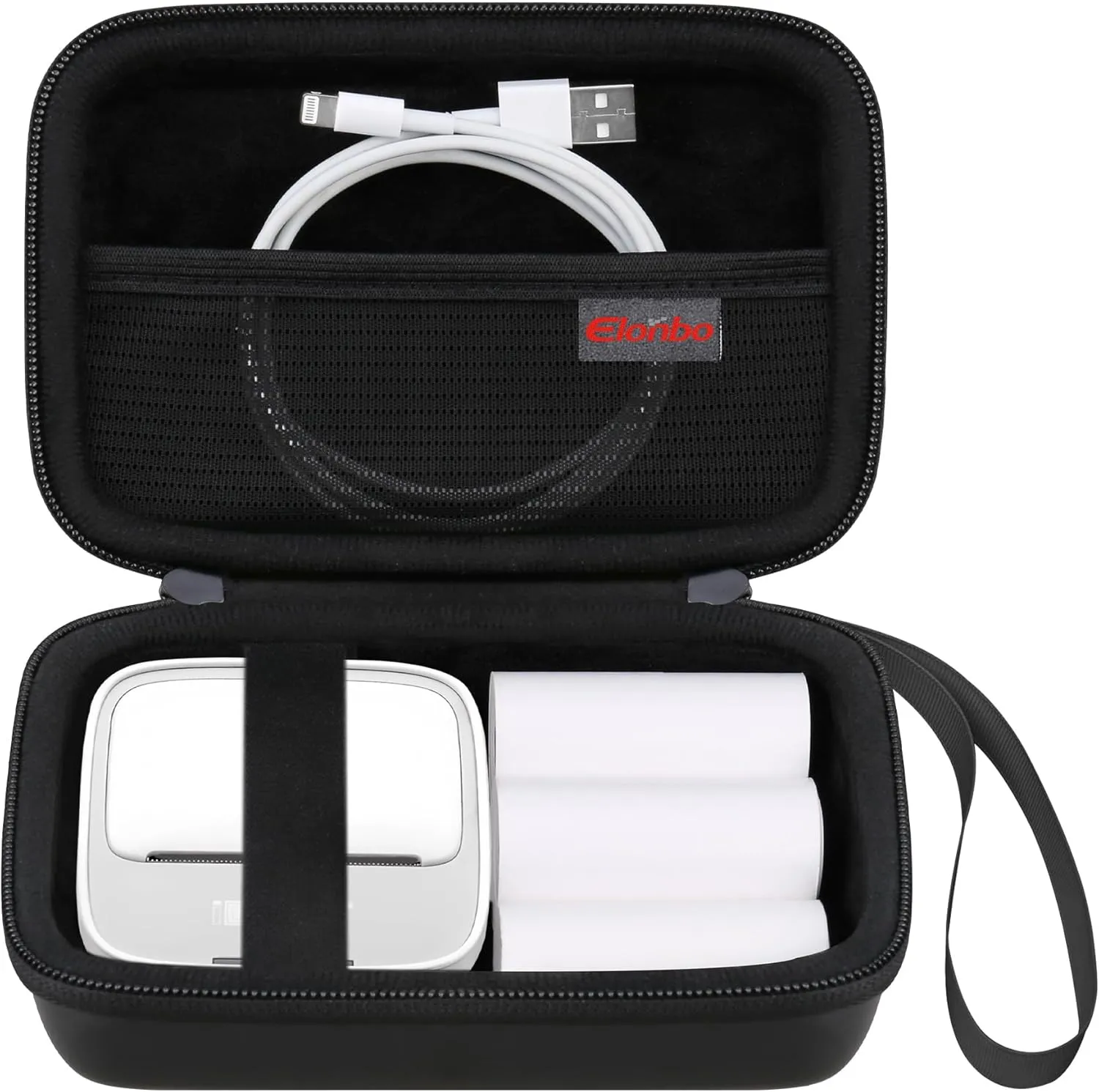 Elonbo Carrying Case for iDPRT Mini Printer, Label Maker Machine Travel Bag, Portable Sticker Thermal Label Printer Storage Holder, Mesh Pocket Fits Printer Paper Label Tape, Black