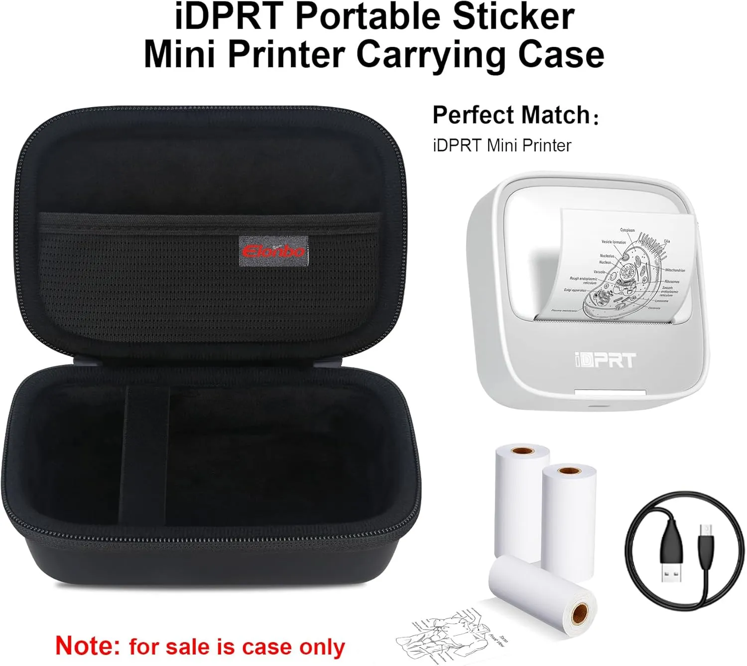 Elonbo Carrying Case for iDPRT Mini Printer, Label Maker Machine Travel Bag, Portable Sticker Thermal Label Printer Storage Holder, Mesh Pocket Fits Printer Paper Label Tape, Black