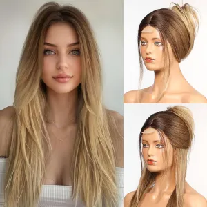EMMOR Long Layered Wigs,Natural Central Lace Bob, Premium Heat-Resistant Synthetic Straight Wigs for Women Daily Use(Ombre Blonde)