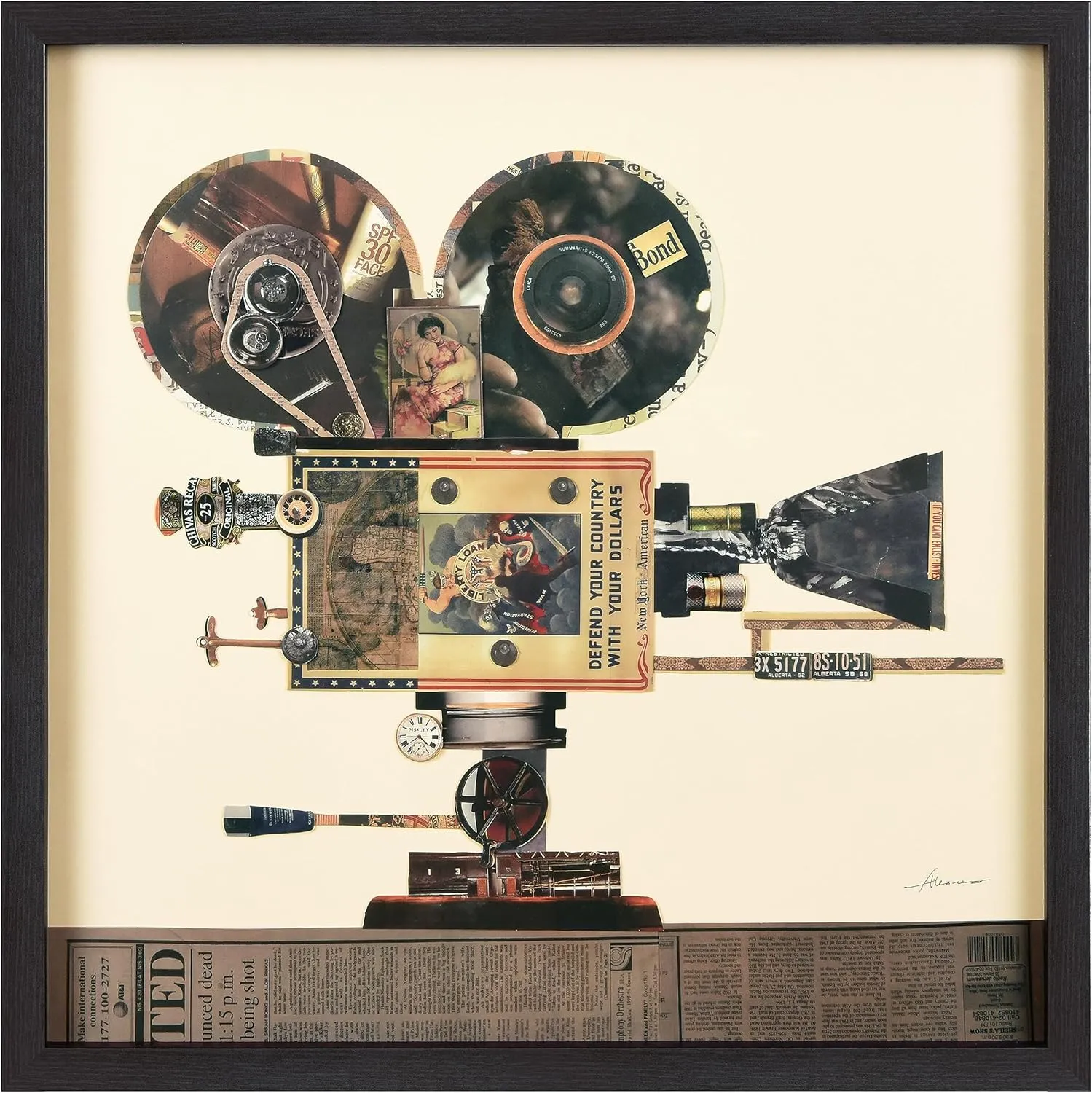 Empire Art Direct Antique Film Projector Dimensional Collage Handmade by Alex Zeng Framed Graphic Landscape Wall Art Ready to Hang, 25" x 25"