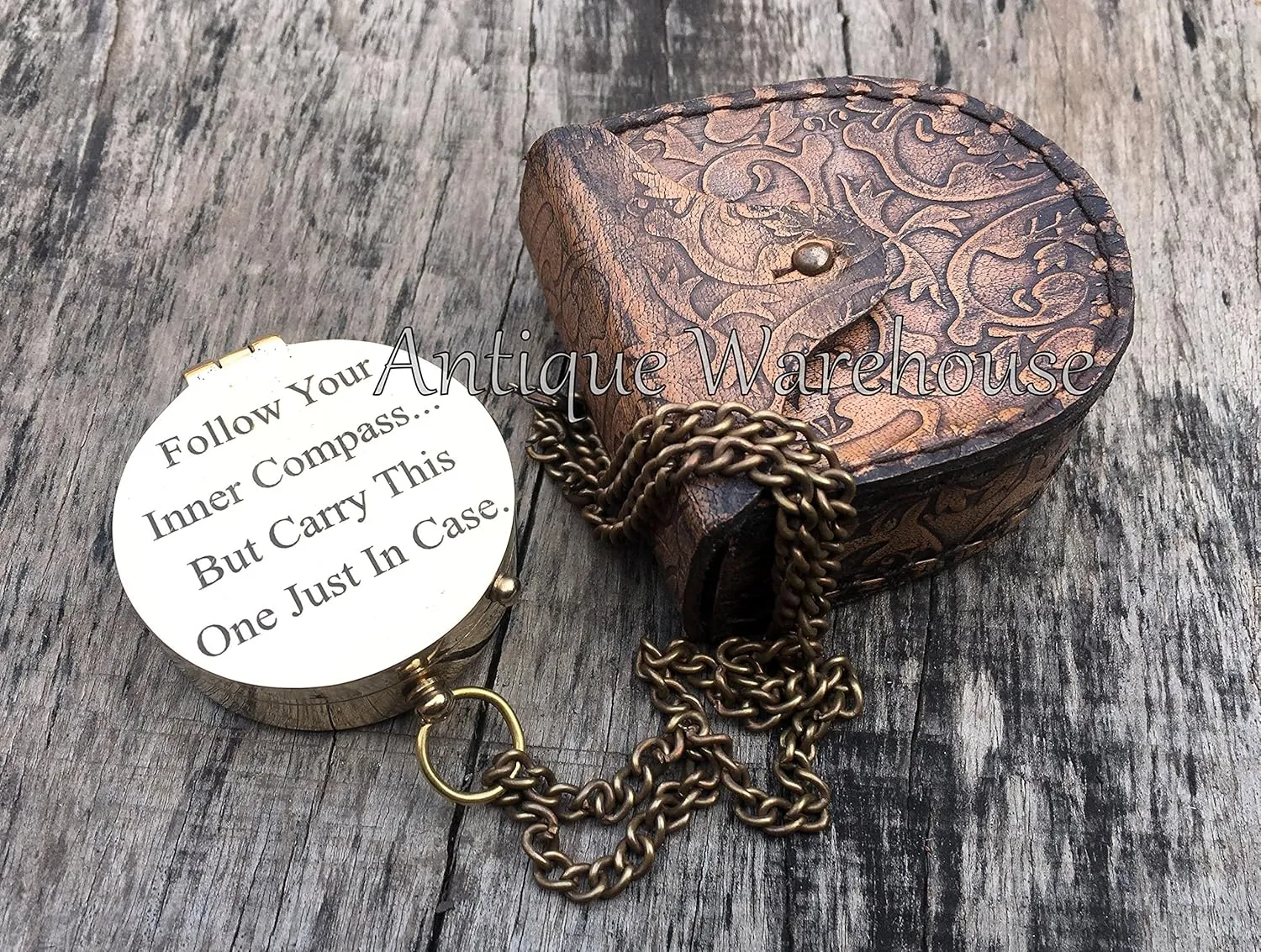 Engraved Follow Your Inner Brass Working Compass with Leather Case Gift for Christmas/Birthday/Anniversary/New Year