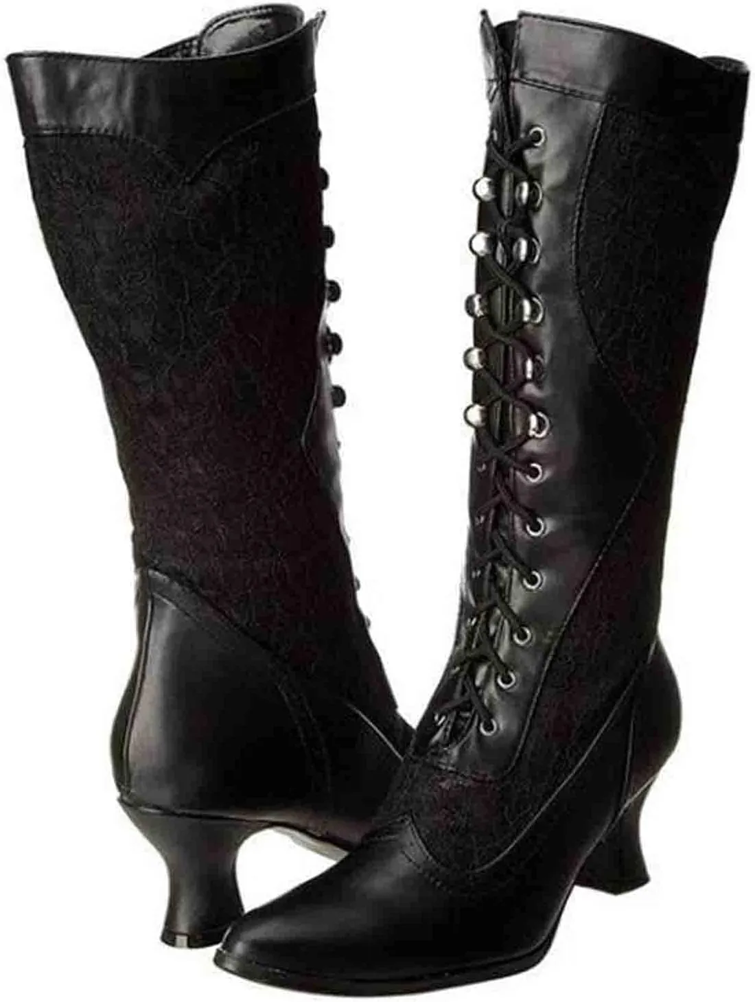 Erocalli Goth Boots Renaissance Victorian Shoes Sweet Bow Mid Calf Boots Mid Heels Lace Up Studded Bowknot ​Witch Boot