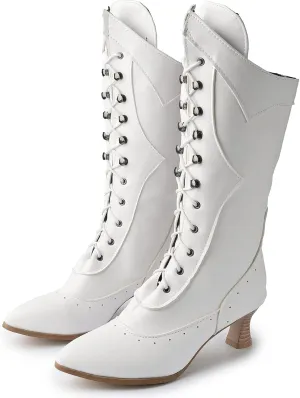 Erocalli Goth Boots Renaissance Victorian Shoes Sweet Bow Mid Calf Boots Mid Heels Lace Up Studded Bowknot ​Witch Boot