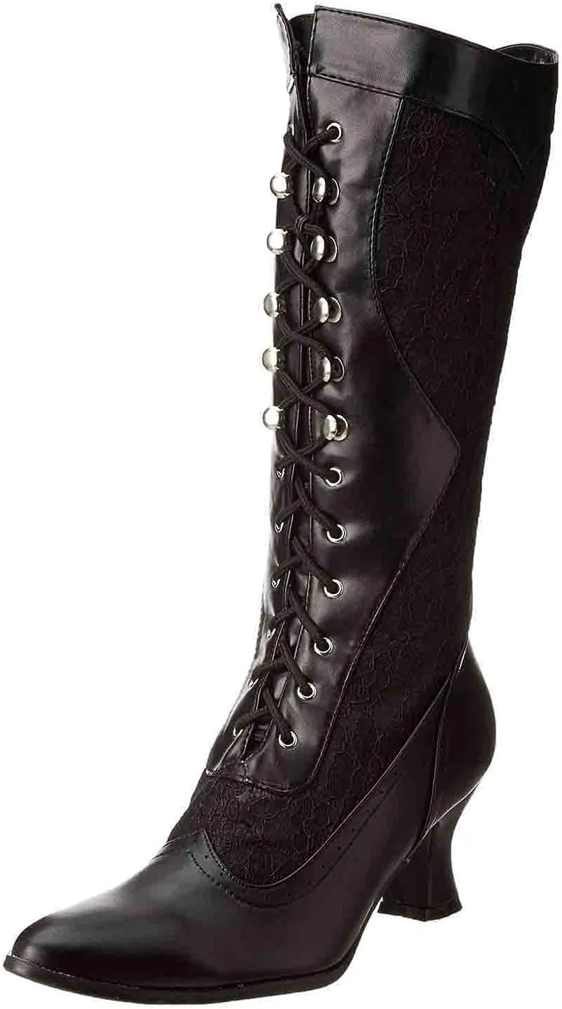 Erocalli Goth Boots Renaissance Victorian Shoes Sweet Bow Mid Calf Boots Mid Heels Lace Up Studded Bowknot ​Witch Boot