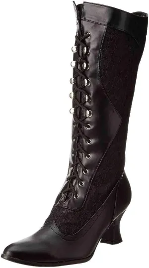 Erocalli Goth Boots Renaissance Victorian Shoes Sweet Bow Mid Calf Boots Mid Heels Lace Up Studded Bowknot ​Witch Boot