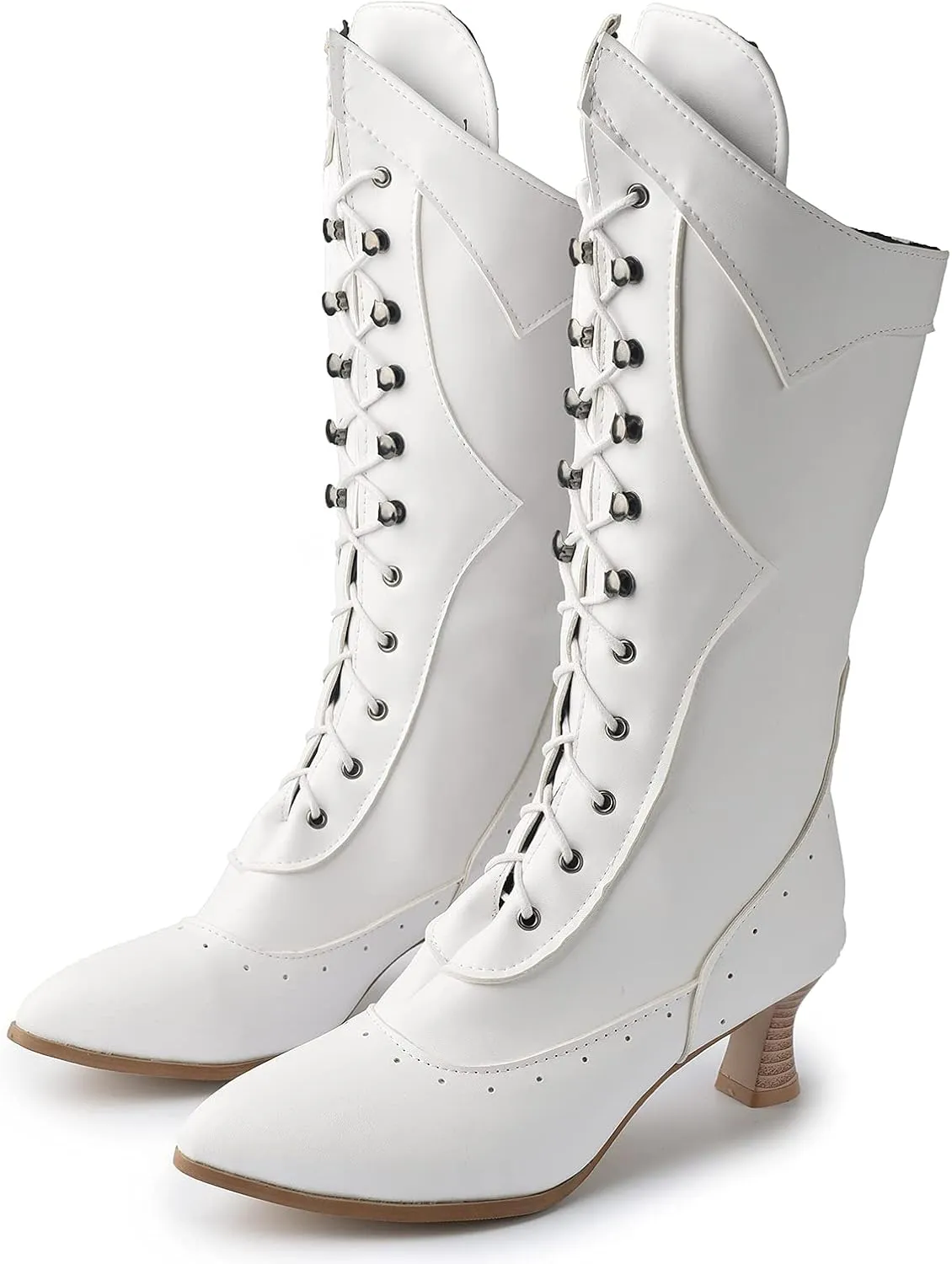 Erocalli Goth Boots Renaissance Victorian Shoes Sweet Bow Mid Calf Boots Mid Heels Lace Up Studded Bowknot ​Witch Boot