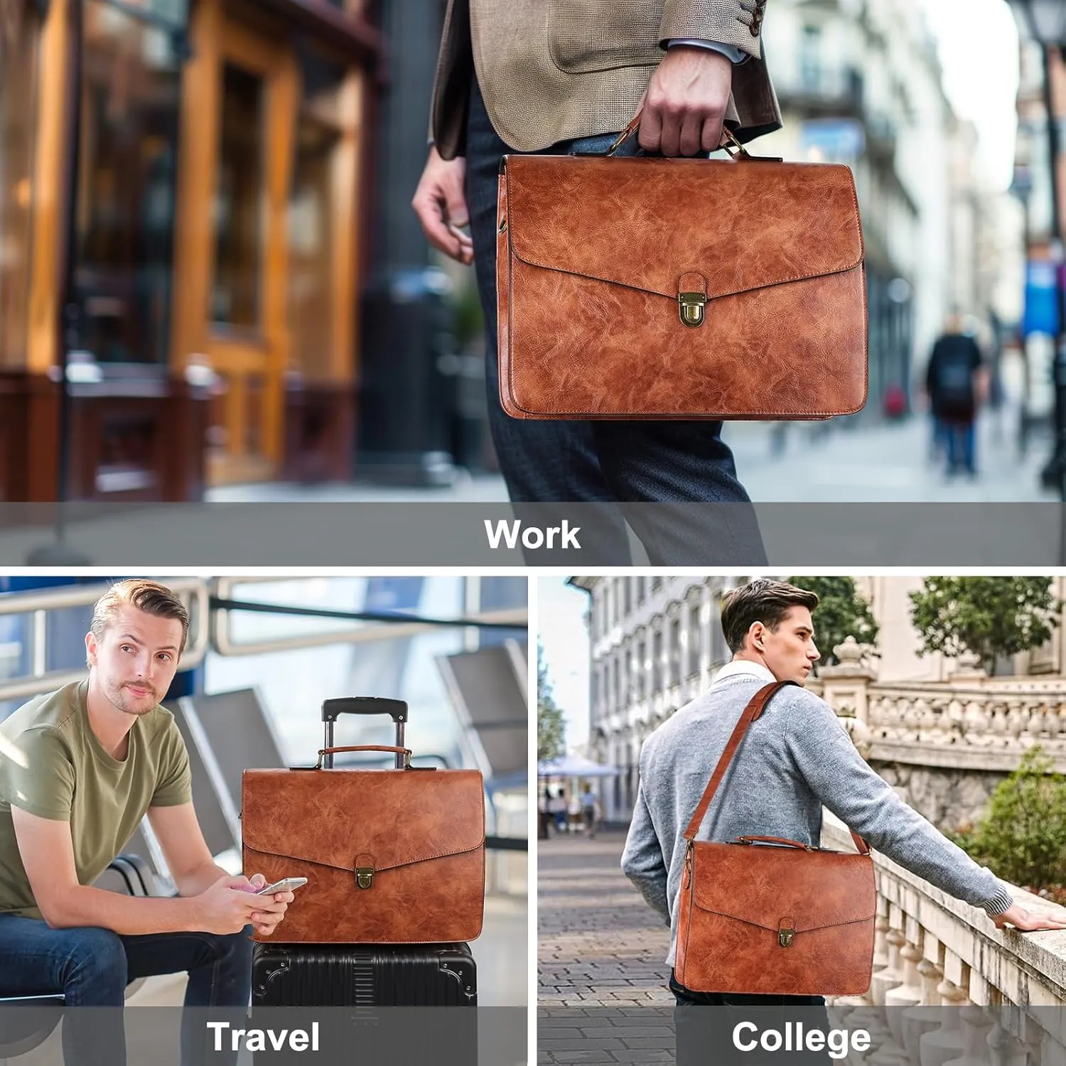 ESTARER Mens Leather Briefcase 15.6 Inch Laptop Messenger Bag, Computer Shoulder Bag Professional Office Satchel for Work Business, Brown