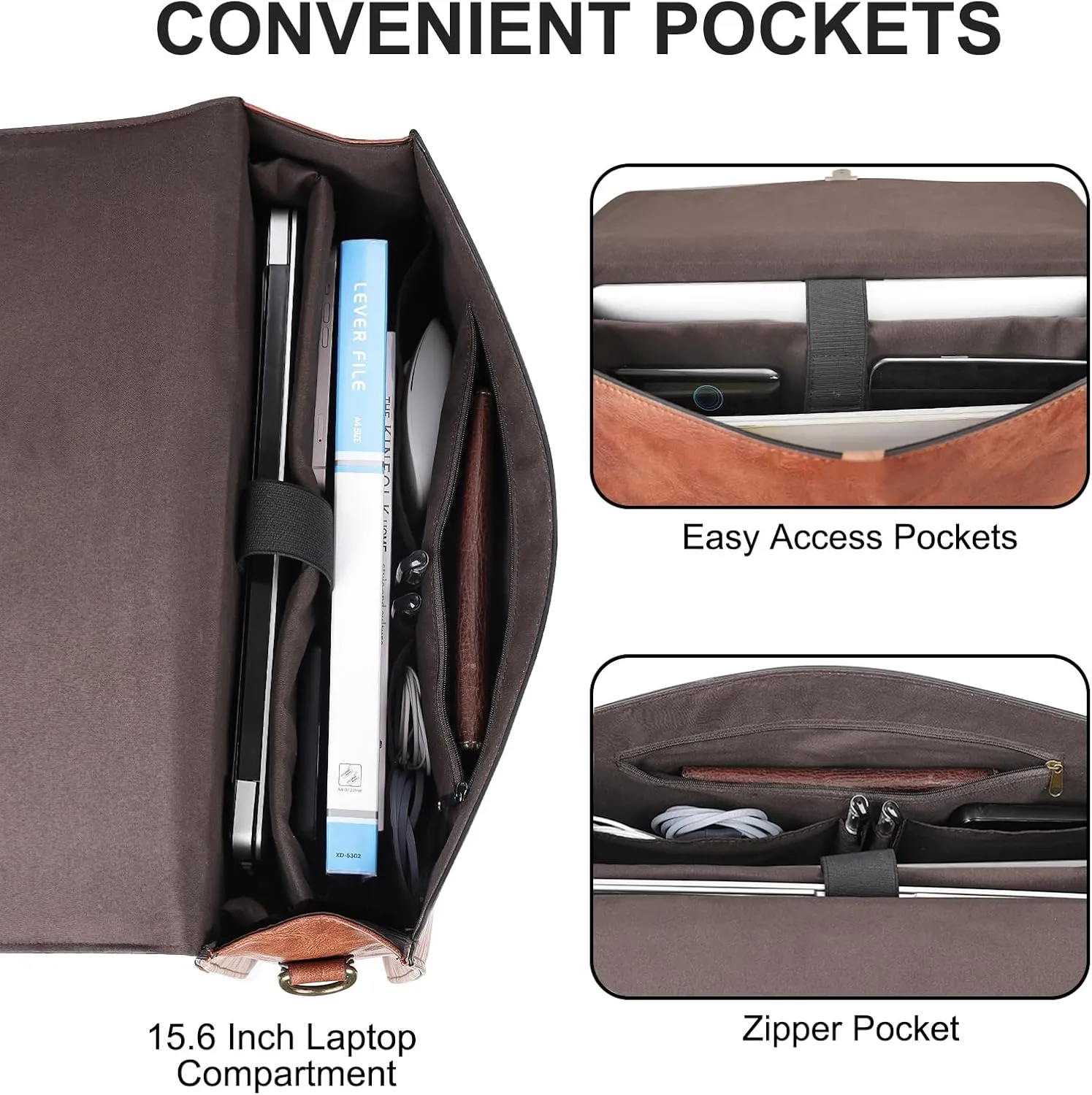 ESTARER Mens Leather Briefcase 15.6 Inch Laptop Messenger Bag, Computer Shoulder Bag Professional Office Satchel for Work Business, Brown