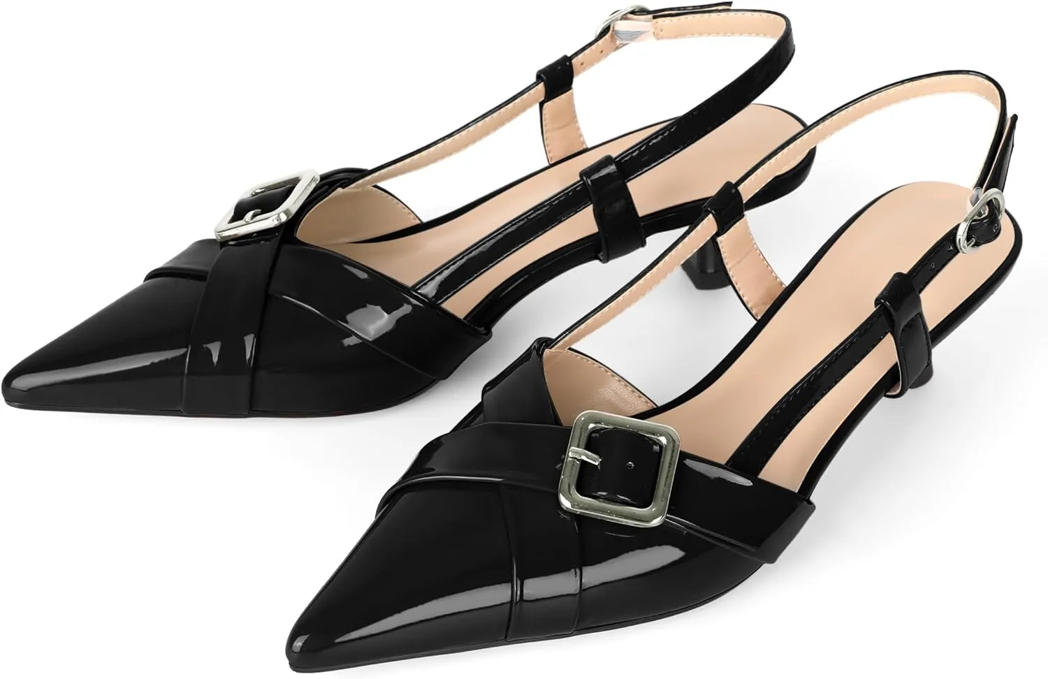 Esvowido Women Slingback Kitten Heels Pointed Toe Low Heel Pumps Adjustable Buckle Straps for Work Party Casual Outfit