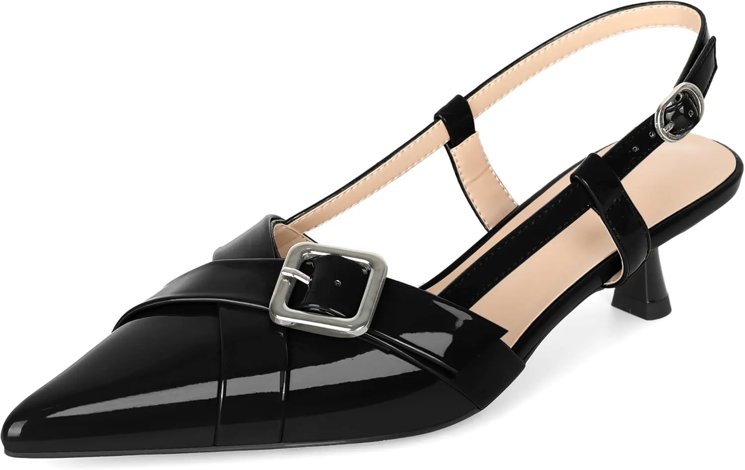 Esvowido Women Slingback Kitten Heels Pointed Toe Low Heel Pumps Adjustable Buckle Straps for Work Party Casual Outfit