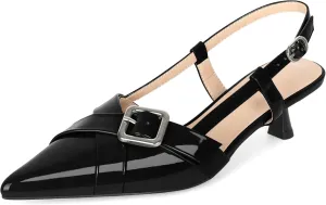 Esvowido Women Slingback Kitten Heels Pointed Toe Low Heel Pumps Adjustable Buckle Straps for Work Party Casual Outfit