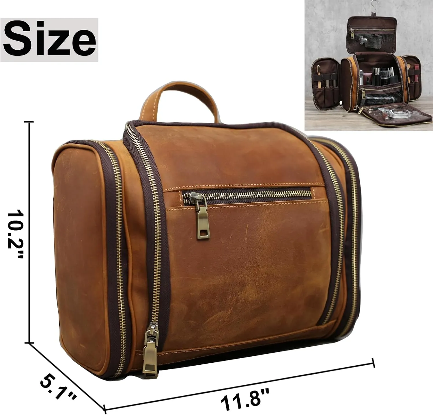 EURYNOME Toiletry Bag For Men, Genuine Leather Toiletries Organizer, Travel Hanging Toiletry Bag Large Water-resistant Bathroom Shaving Kit for Cosmetics, Makeup Case Travel Dopp Kit