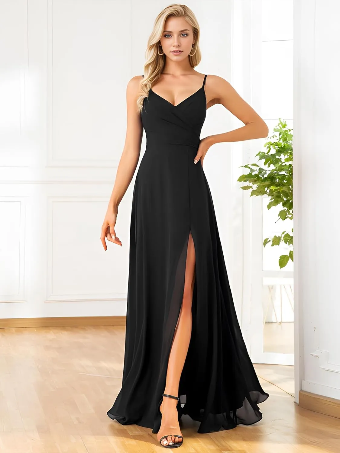Ever-Pretty Women's Sexy Side Slit V Neck Spaghetti Straps Chiffon A Line Bridesmaid Dress 0128B-PH