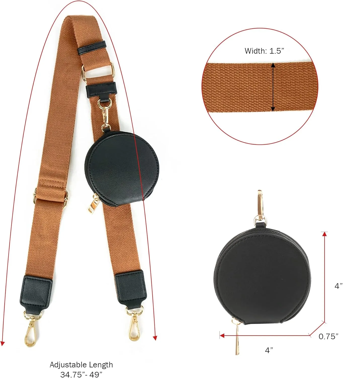 EVVE Wide Replacement Straps for Handbags with Coin Purse - For Over Shoulder Crossbody Bag, Guitar Style, Adjustable Length