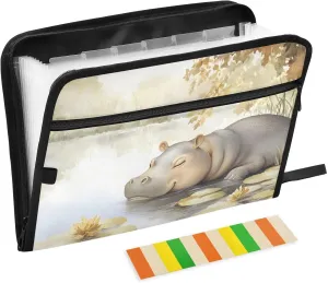 Expanding File Folder Cute Hippo Print, 13 Pockets with Label Portable Documents Pouch Bag Legal Size Accordion Document Organizer