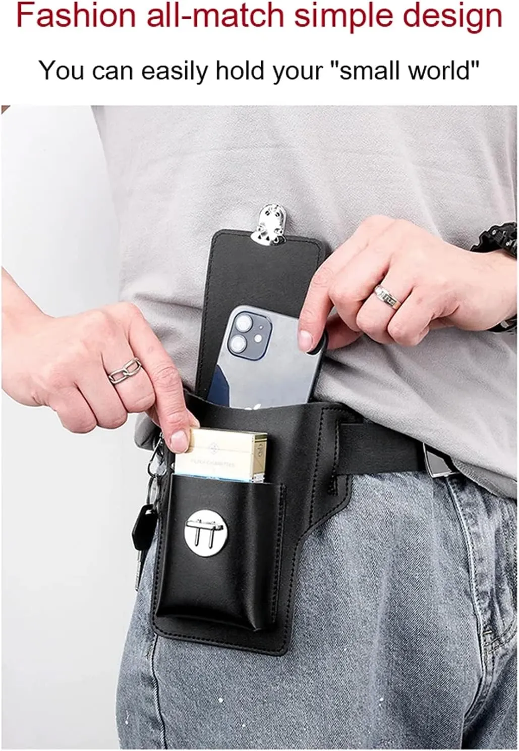 Fanny Pack for Men PU Leather Hiking Waist Bag Multifunction Waist Pouch Slim Belt Bag Chest Bag Fit (1 PC, Black)