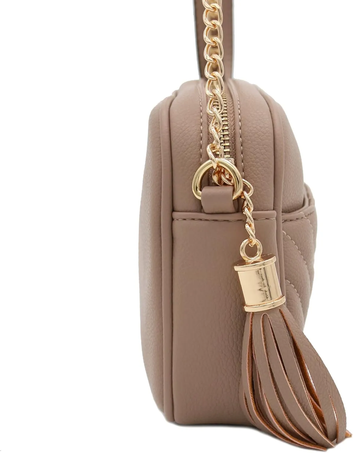 FashionPuzzle Chevron Quilted Crossbody Camera Bag with Chain Strap and Tassel